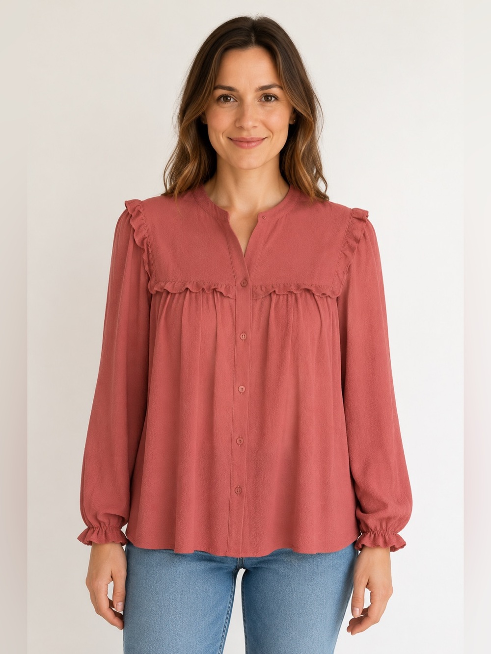 Max Studio Dusty Rose Ruffle-Yoke Button-Down Blouse